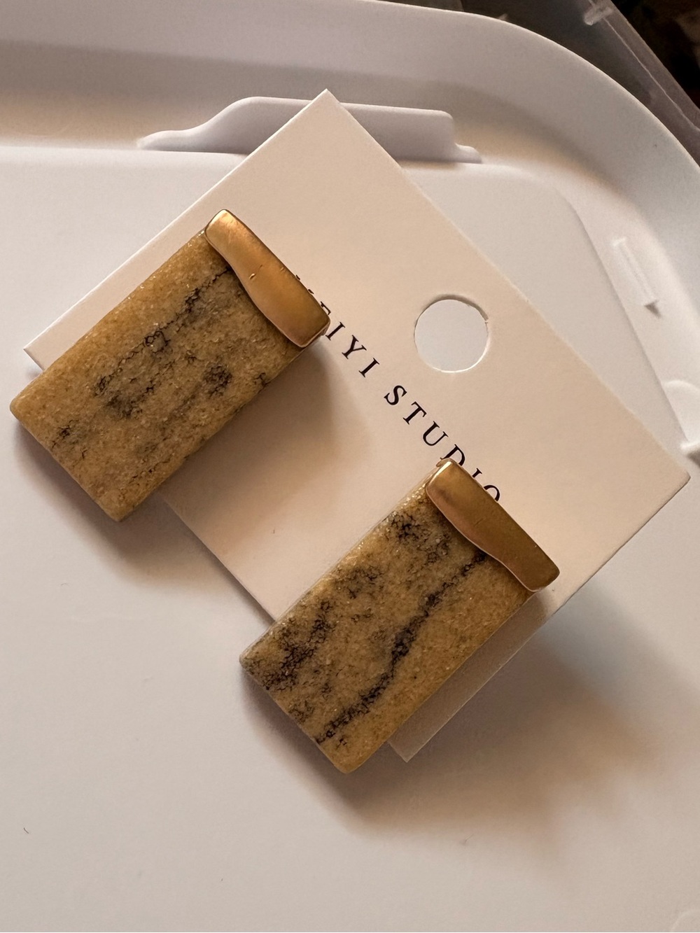 Vintage Gold-Accent Beige Marble Rectangle Earrings